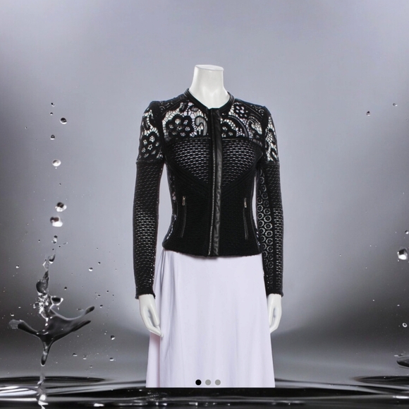 💋DESIGNER Iro Lewis💋. Black Leather and Lace Crochet Jacket Size XS Blazer - Picture 6 of 11